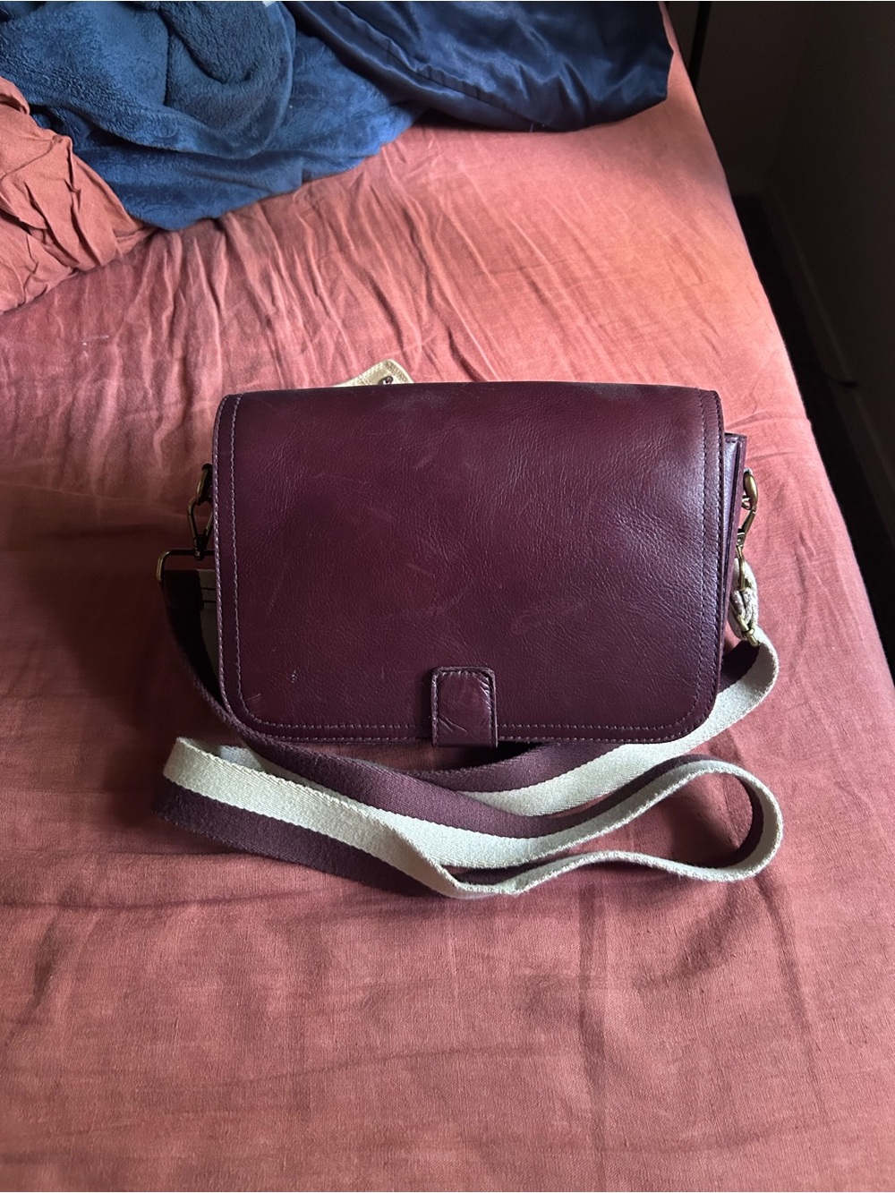 Madewell Burgundy Leather Crossbody Bag with Canvas Strap Dark Cabernet